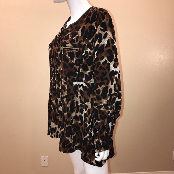 Rafaella Animal Print Tunic Top Womens Size Large Brown Black Faux Leather Trim - Picture 11 of 15